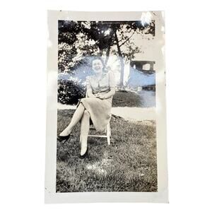 Vtg Lady Laughing Posing with Vehicle Behind Original Monochrome Photography